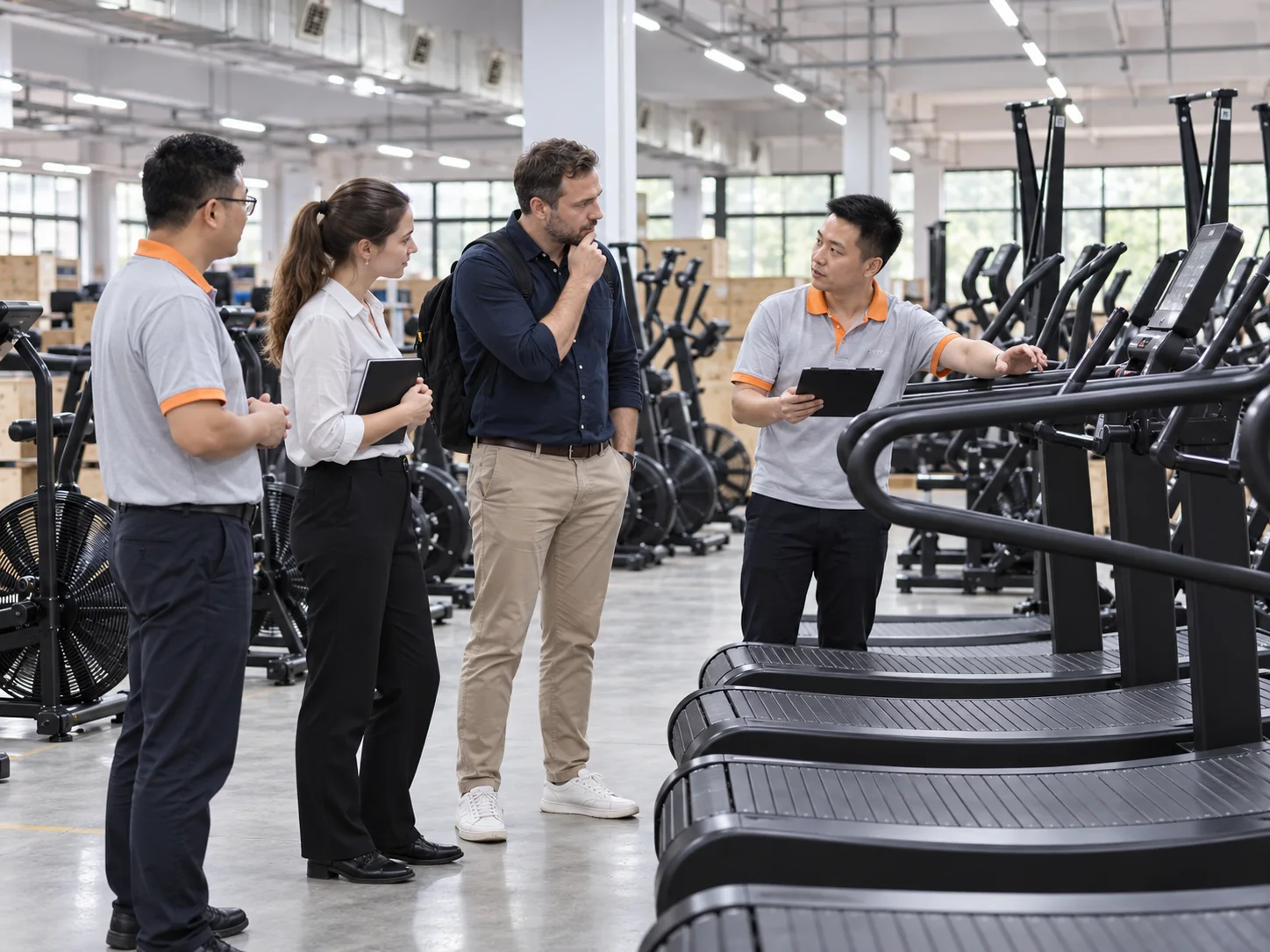International buyers reviewing cardio equipment in a factory environment