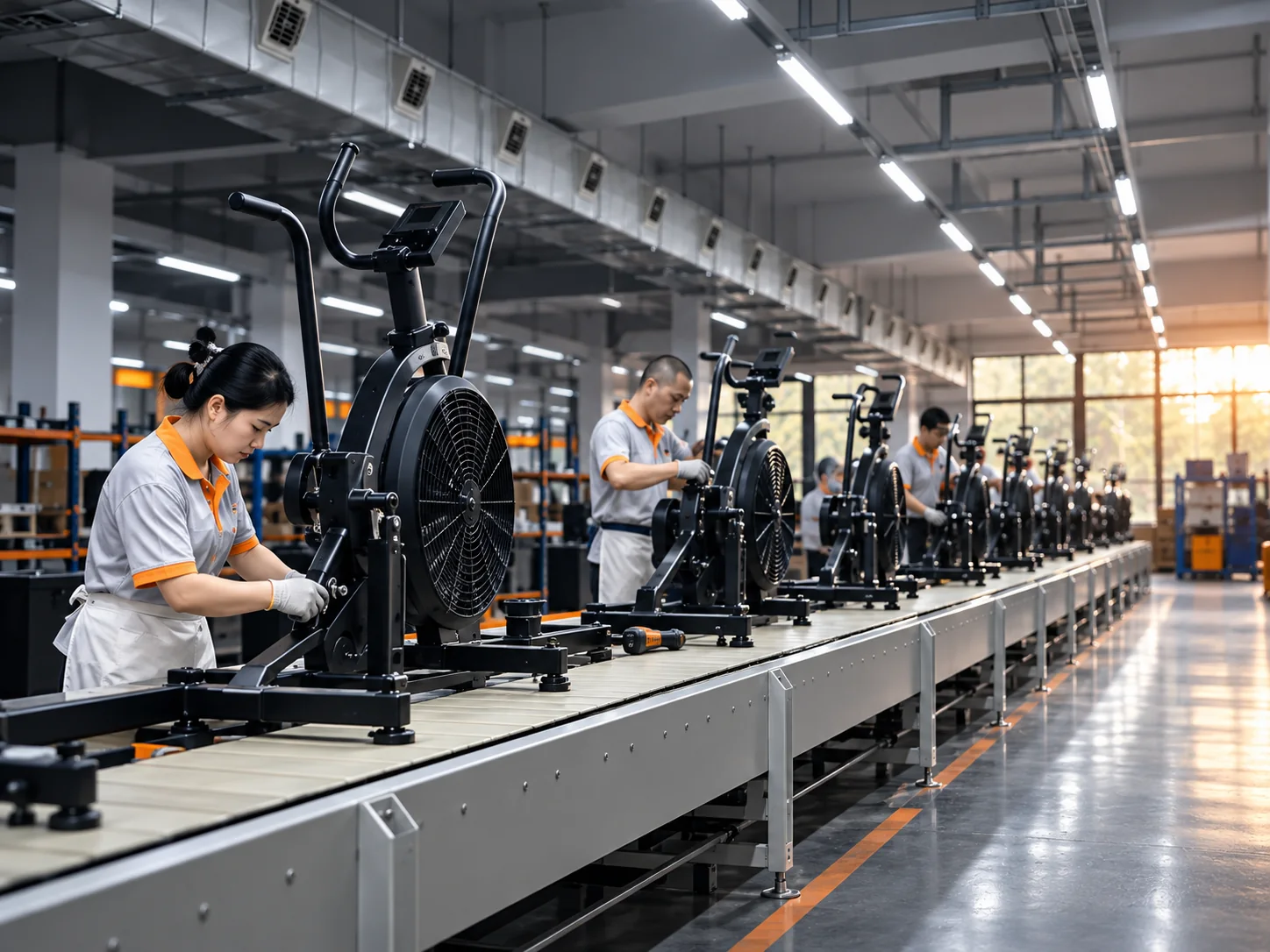 Commercial cardio production line with workers assembling equipment
